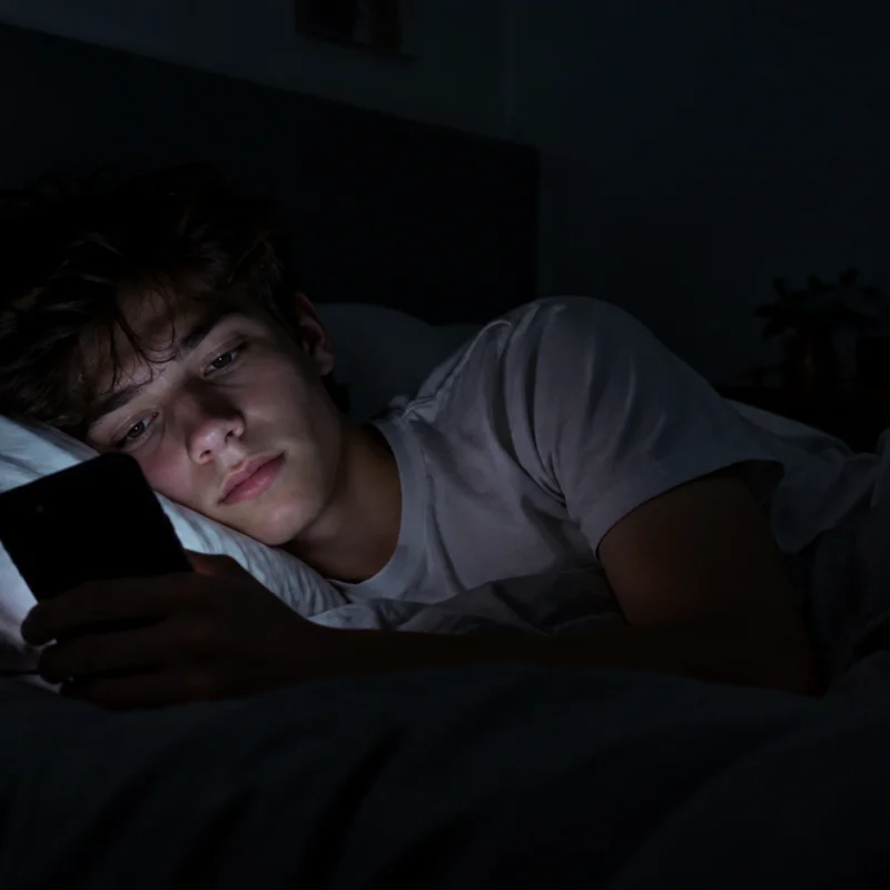 Teen talking to an AI chatbot on a phone late at night