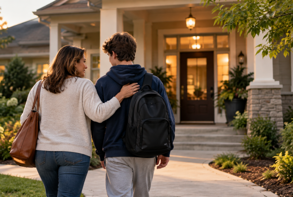 Parent and teen arriving at a residential treatment center for teens