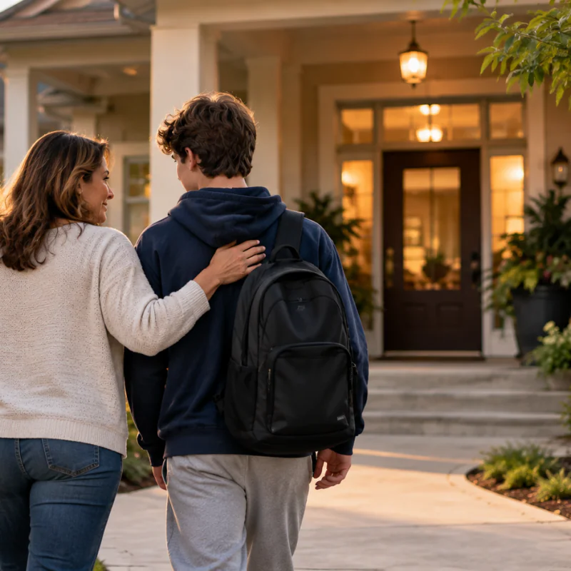 Parent and teen arriving at a residential treatment center for teens